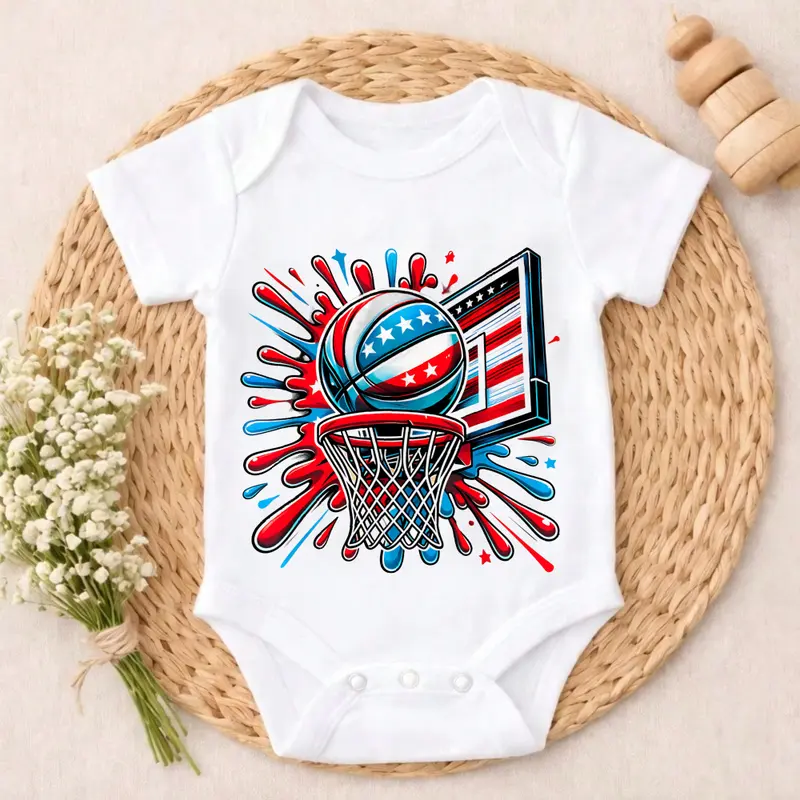 Soft Baby Bodysuit American Flag Basketball Graphic 100% Pure Cotton Non-Irritating Snap Closure Breathable Stretchy Great For Sleep & Play