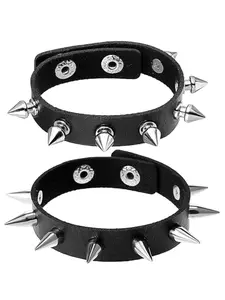 Punk Studded PULeather Bracelet with Metal Spike Rivets Black Gothic Biker Style Unisex Fashion Wristband Jewelry, Trendy Fashionable Accessories, Adjustable Rivet Bracelet for Men Women, Fashion Bracelets