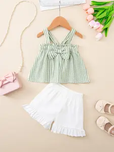 Toddler Girls' Summer Bow Tie Top and Ruffled Shorts Set, Cute 2-Piece Outfit for Ages 3-8, Perfect for Parties and Valentine's Day Gifts, Clothes