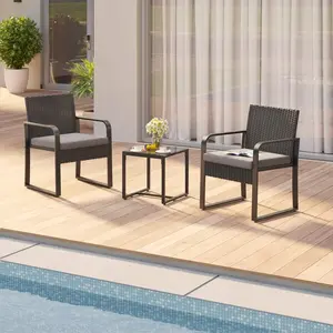 Wicker Outdoor Patio Furniture Set, 3-Piece Bistro Set with Rattan Chairs, Glass Table & Cushion
