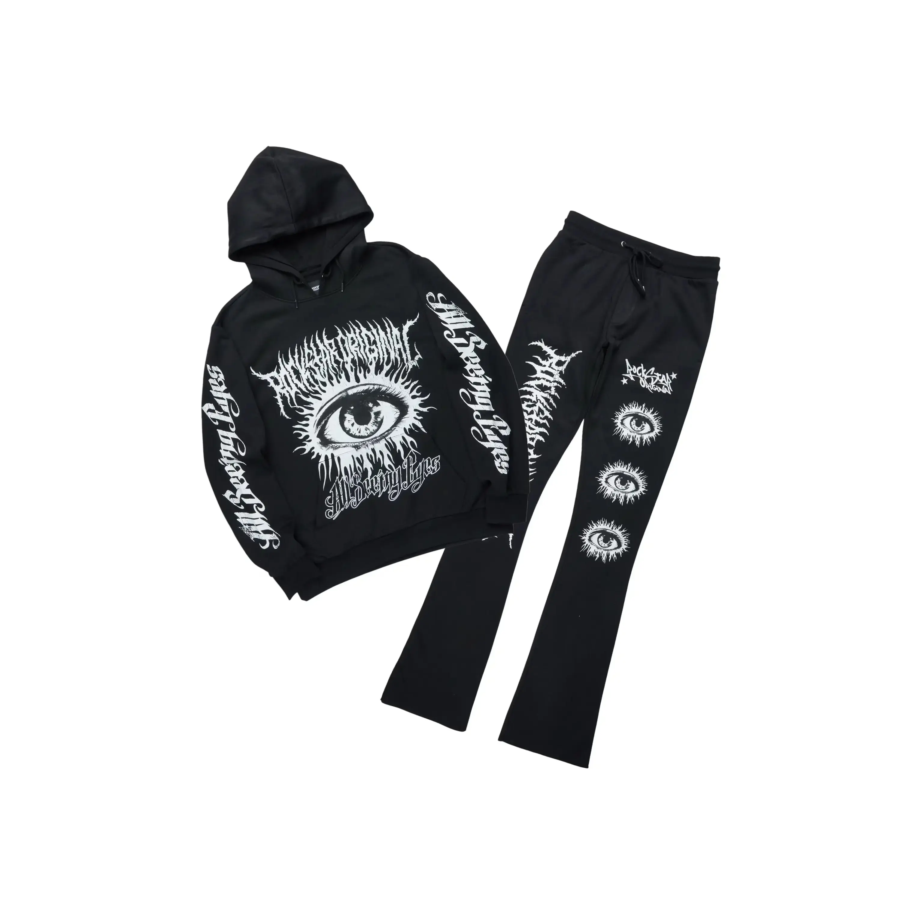 All Seeing Eyes Black Stacked Flare Track Pant Set All Seeing Eyes Black Stacked Flare Track Pant Set