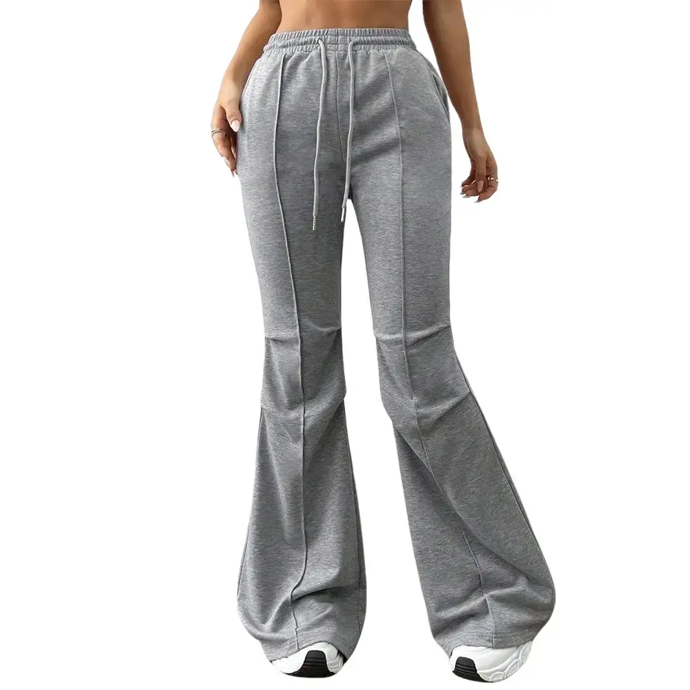 Women's High-Waisted Flared Polyester Sweatpants - Elastic Waist Drawstring Wide-Leg Lounge Pants with Pockets, All Seasons Casual Womenswear Bottoms, Cold Wash Friendly