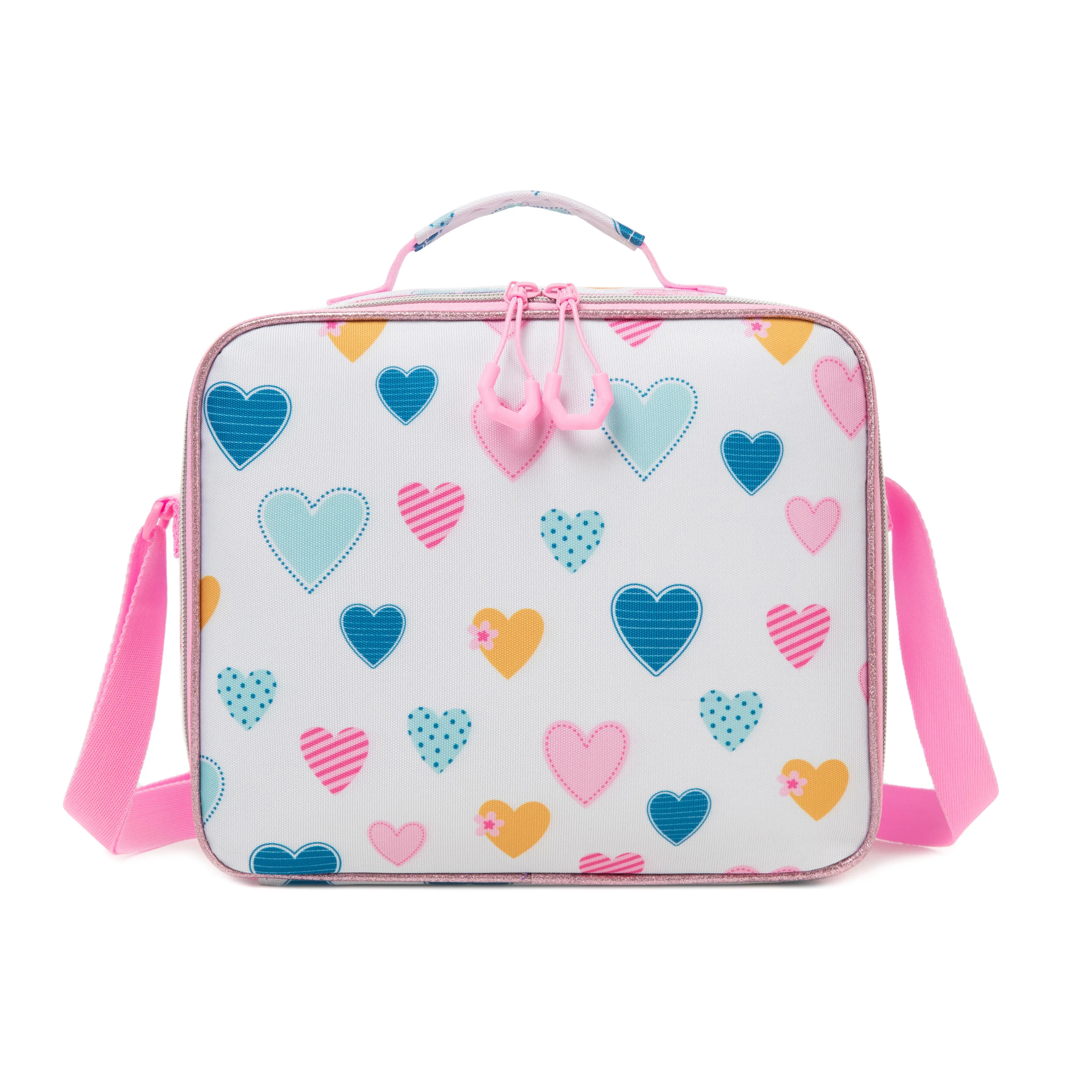 Girls Cute Pastel Heart Glitter Lunch Handbag - Lightweight Polyester Insulated Back to School Tote, Leakproof Lining, Zipper Closure, Crossbody Strap, Stripes, Soft Shell, Thermal Cooler Bag for Toddlers, Packing Lunch for My Kid, Glitter Lunch Bags