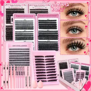 Cluster Lash Extension Gift Set, 30D 40D 50D 60D 80D 100D Natural Styles Cat Eyes Extra Volume, Soft & Lightweight, with Bond & Seal, Remover, Tweezers, Brush,Makeup sponge， Easy DIY Eyelashes at Home, Salon Look at Home, Long-Lasting Glamorous Effection