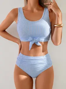 Women's Fashion Bikini Set, Round Neck Blue Striped, Tie Front Top, Pleated Shorts, Swimsuit Two Piece, Vacation Style