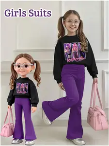Girls' Casual Set 4-14 Years, K_pop Girl Group Print, Sporty Sweatshirt & Bell Bottoms, Comfortable Elastic Waist Pants, Fall Winter