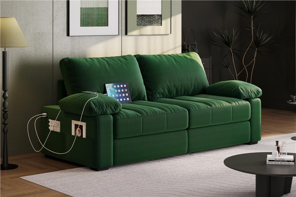 Yaheetech 2-Seater Velvet Sofa Couch with Pillow Top Arms, 79’’ W Upholstered Loveseat Sofa with USB Charging Ports and Storage Pockets