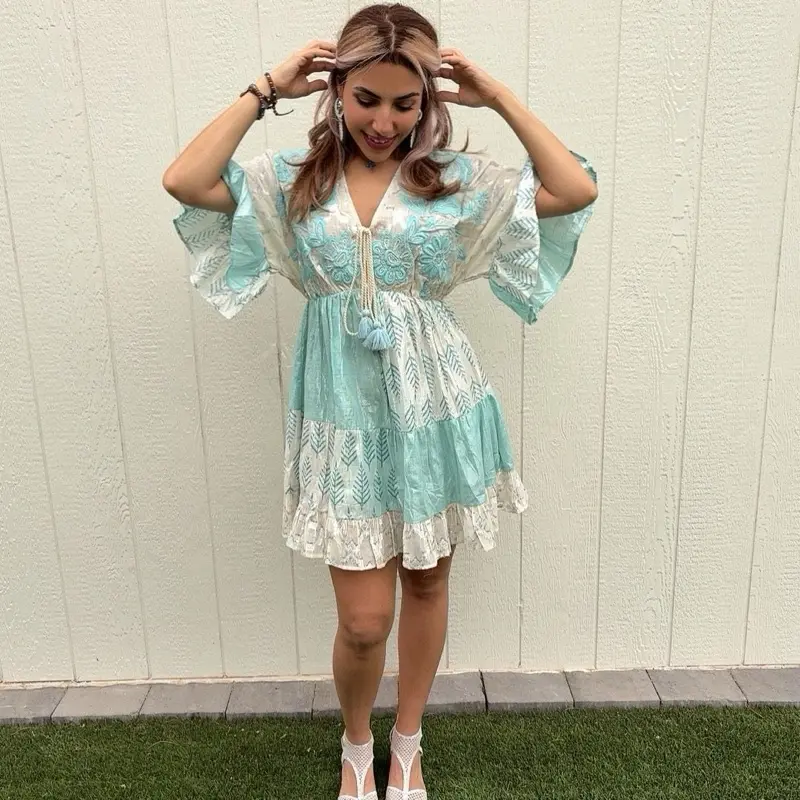 Light Blue & White Lace Short Dress with V-Neck, Flounce Sleeves, and Tie Front Design