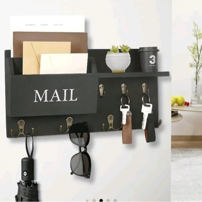 Multifunctional Key Holder With Mail Organizer for Wall Mount – Key Holder with Shelf Includes Letter Holder and Hooks for Hallway Farmhouse Decor – Rustic Wood with Flush Mounting Hardware
