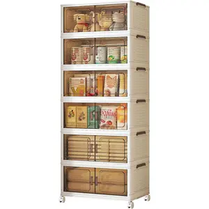 6-Tier Magnetic Plastic Storage Cabinet with Lids & Open Front Design, Foldable Storage Bins with Wheels for Home Organization, Collapsible Space Saving Multi-Layer Organizer,home office outdoor foldable container,Boxes large storage box,Transparent