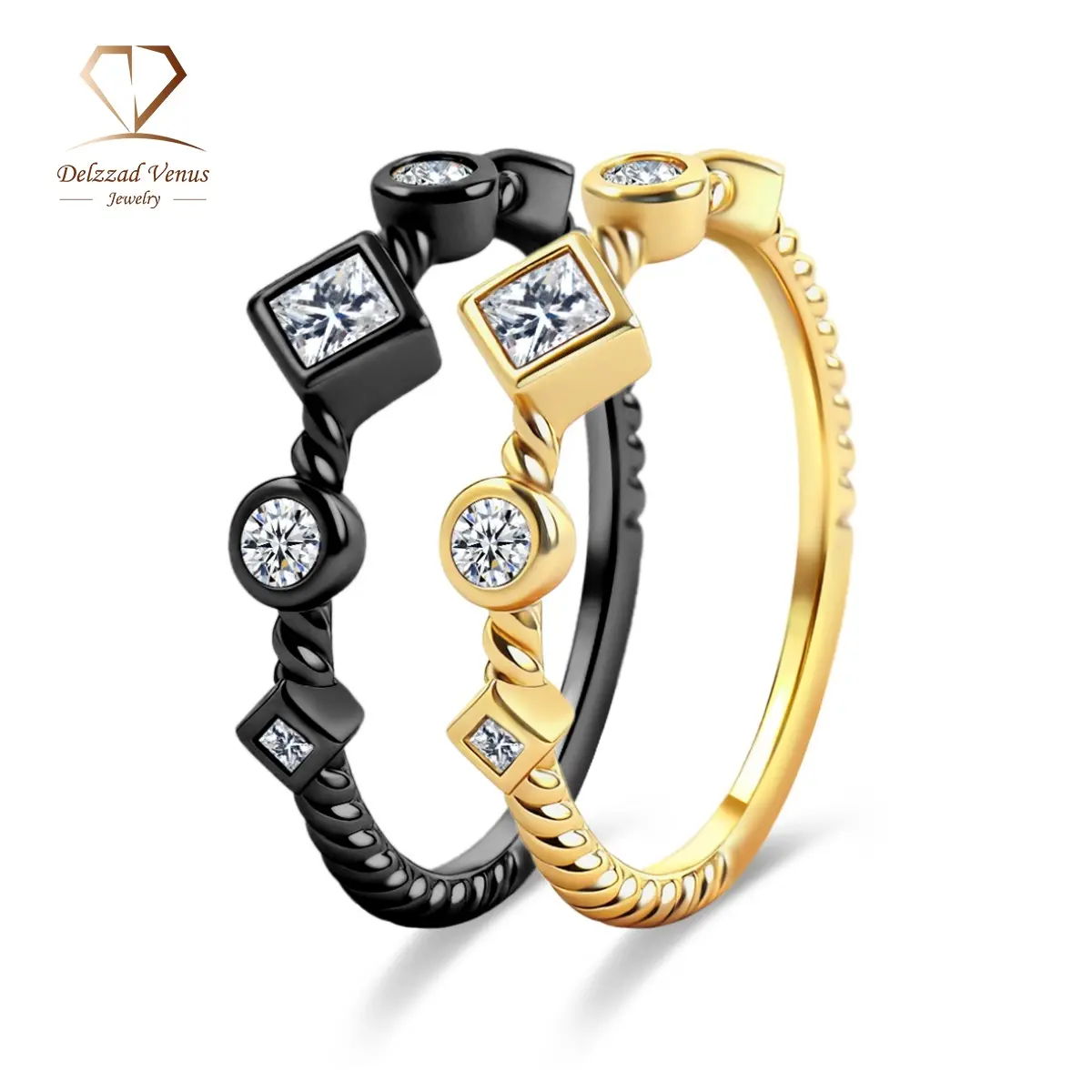 DELZZAD Artificial Gemstone Ring for Women, Vintage Twisted Cable Copper Band with Bezel-Set Zirconia, Statement Jewelry, Wedding Gift for Adults, Bridal Rings, Vintage Rings Jewelry