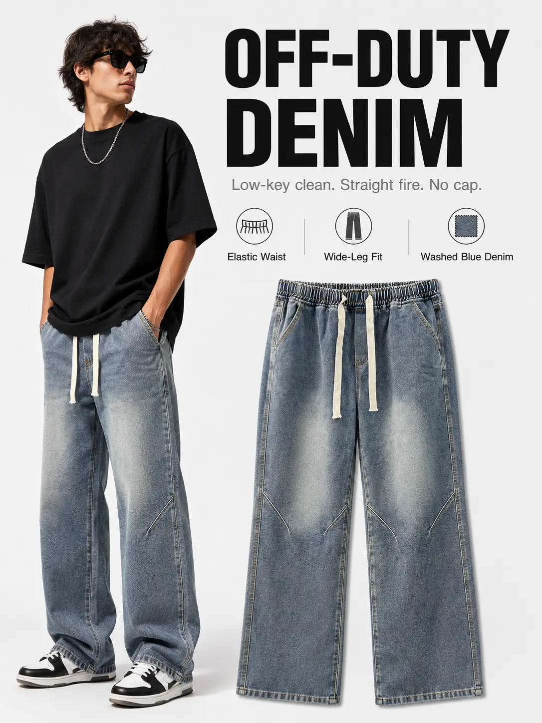 Y2K Men's Aesthetic Oversized Bottoms - Vintage Streetwear Wide-Leg Viscose Denim, Retro Mid-Low Waist Baggy Pants, 2026 Spring Daily Vibe Outfits