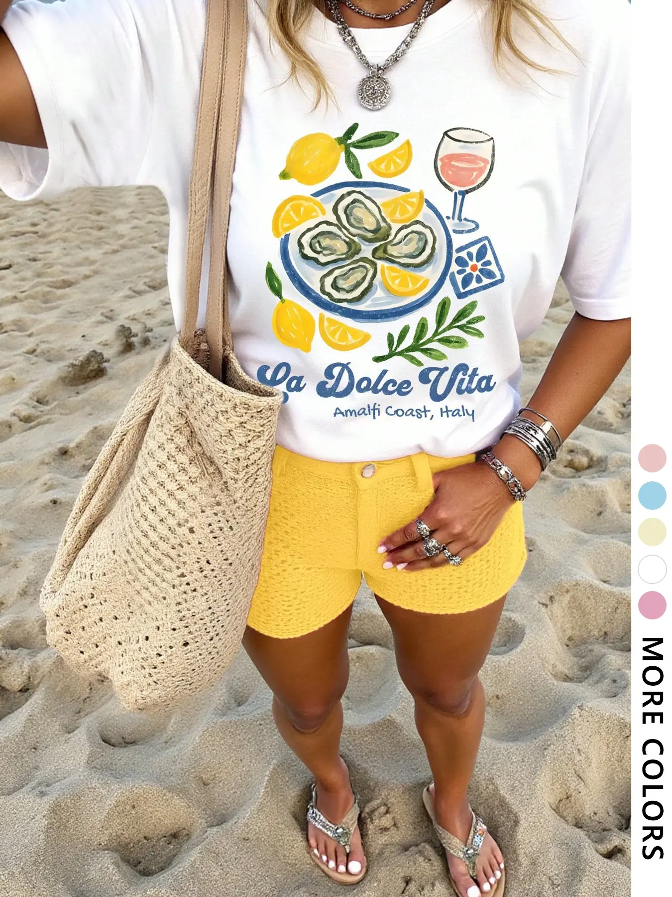 Women's Short Sleeve Summer Lightweight Baggy T-Shirt with Lemon Oyster Print, Loose Fit Casual Streetwear Style for Youth, Stylish and Sweet Everyday Wear Womenswear