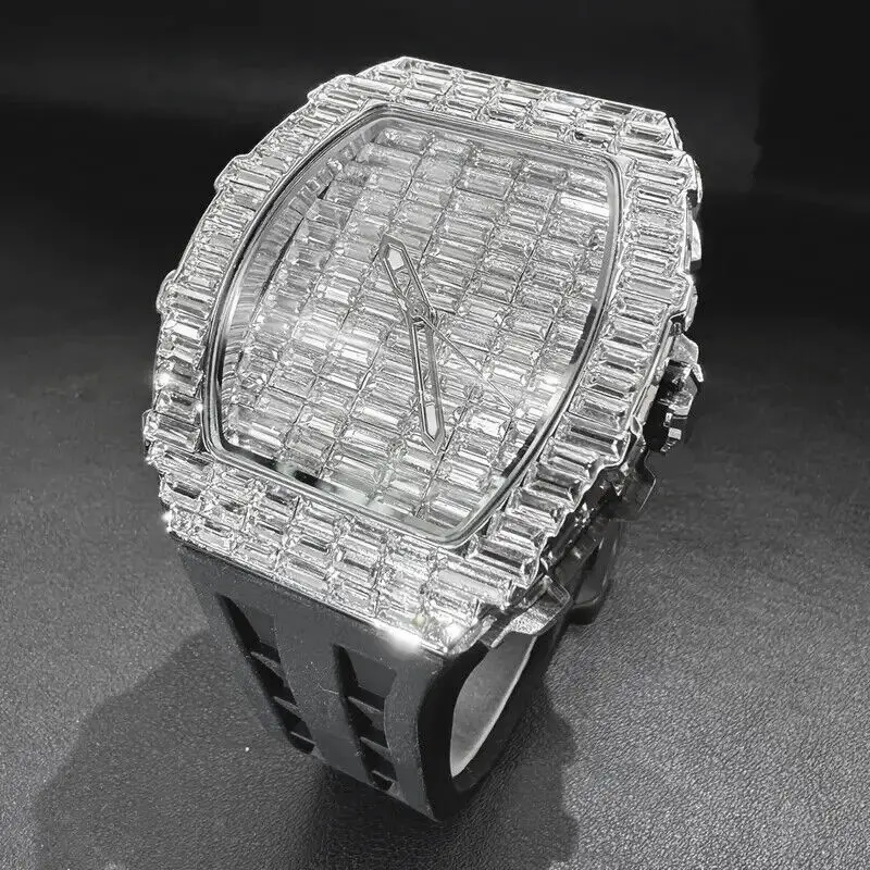 MaxBling81 Men's Luxury Hip-Hop Iced Baguette Stone Analog Watch - Masculine Square-Shaped Iced Luxury Quartz Watch, Japanese Quartz Movement, Waterproof, Silicone Band, Men's Fashion Accessory, Iced Quartz Watches