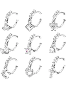 9 Pcs 20G Dangle Fake Nose Rings Hoops for Women CZ Dangle Nose Rings Non Piercing Cartilage Earring Nose Cuffs Dangling Faux Nose Piercing Jewelry Accessories