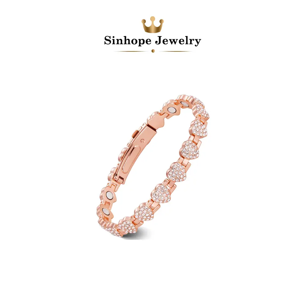 Women's copper-colored heart-shaped diamond-encrusted bracelet, super magnetic bracelet, featuring 3800 Gauss neodymium magnets and dazzling cubic zirconia, 99.99% pure copper jewelry gift, heart-shaped exquisite gift for mom, wife, or friends