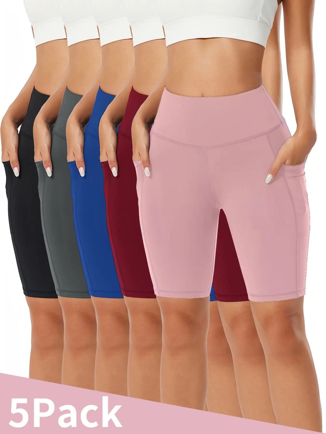 5-Piece Bright Summer Athletic Shorts for Women, 5" Inseam High Stretch, 2 Side Pockets, Breathable Moisture Wicking, for Spring Running, Tennis & Workout