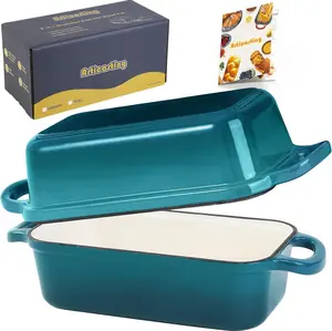 Cast Iron Loaf Pan With Lid, Enameled Bread Loaf Pan For Homemade Bread Sourdough, 2 In 1 Loaf Pans For Baking Bread 9x5, Even Heating Bread Dutch Oven, Teal