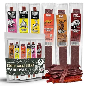 Wild Game Meat Snacks (6 Pack) |   Exotic Jerky Sampler |   Beef Jerky Gift Set, Snack Baskets for Men, Meat Gifts for Dad |   Wild Boar, Alligator, Elk, Buffalo, Venison, Camel |   Exotic Pack Fruit Flavored