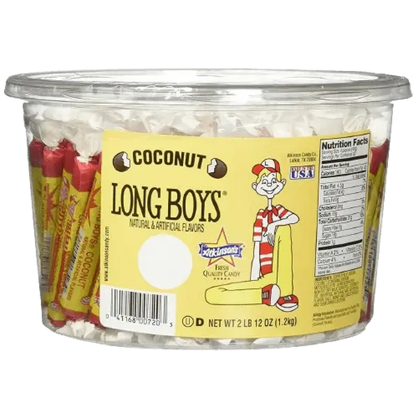 Atkinson's Coconut Long Boys Tub 130 ct.- Chewy and Soft Caramel Candy Individually Wrapped - Tub 130 ct. Snack Sugar Corn Sweet