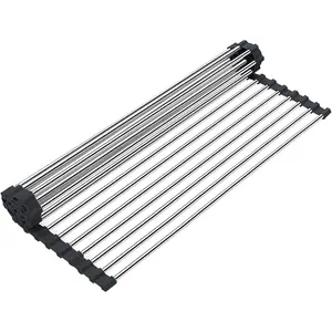 Stainless Steel Over The Sink Dish Drying Rack, Roll Up Foldable Kitchen Sink Drainer Rack (17.7"x 11.8")