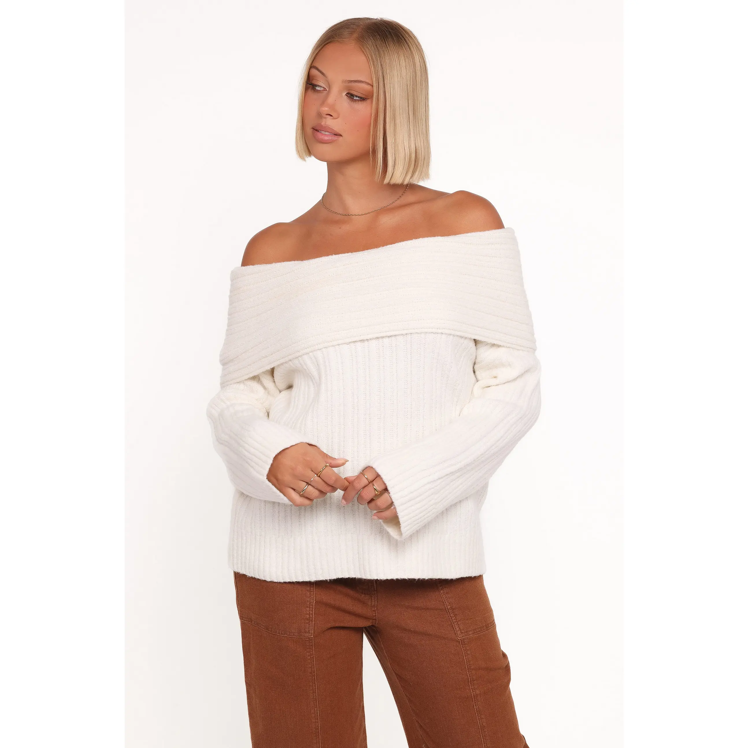 Kenny Off Shoulder Knit Sweater - Cream