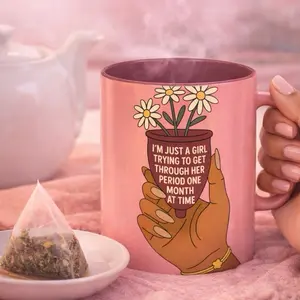 Aura Flow Menstrual Mug - Pink with Floral Design, "I'm Just a Girl Trying to Get Through Her Period One Month at Time" comes in multiple colors