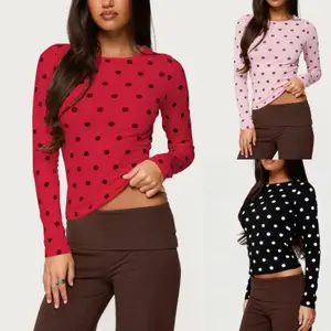 Polka Dot Tops For Women Y2K Long Sleeve Crop Top Ladybug Costume Vintage CuteFit Crew Neck Shirt Going Out Streetwear
