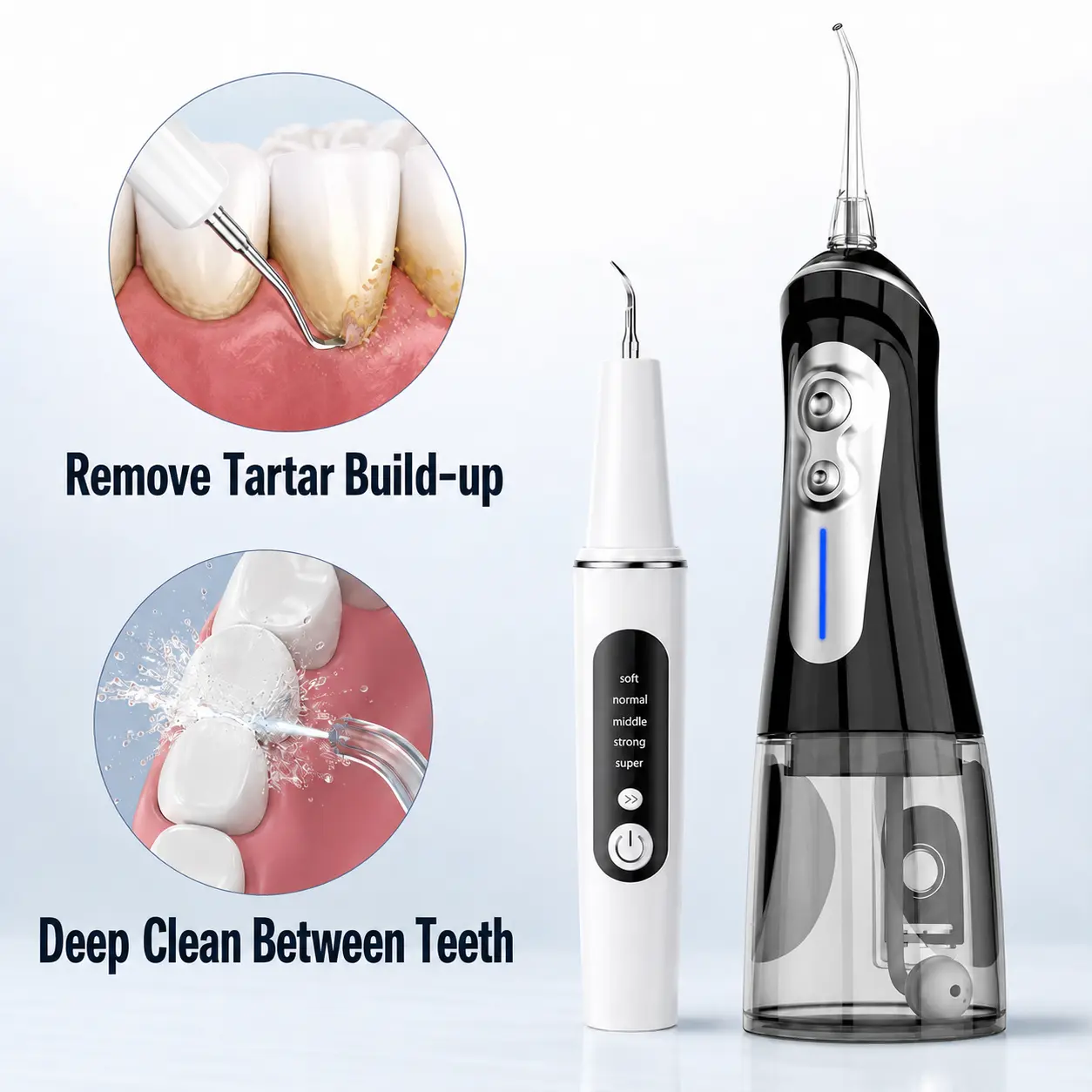 Teeth Tartar Remover Kit with Waterproof Adjustable Water Flosser - Tartar Remover for Teeth, Teeth Cleaner, Removable Nozzle, Multi-Pack for At-Home Oral Care