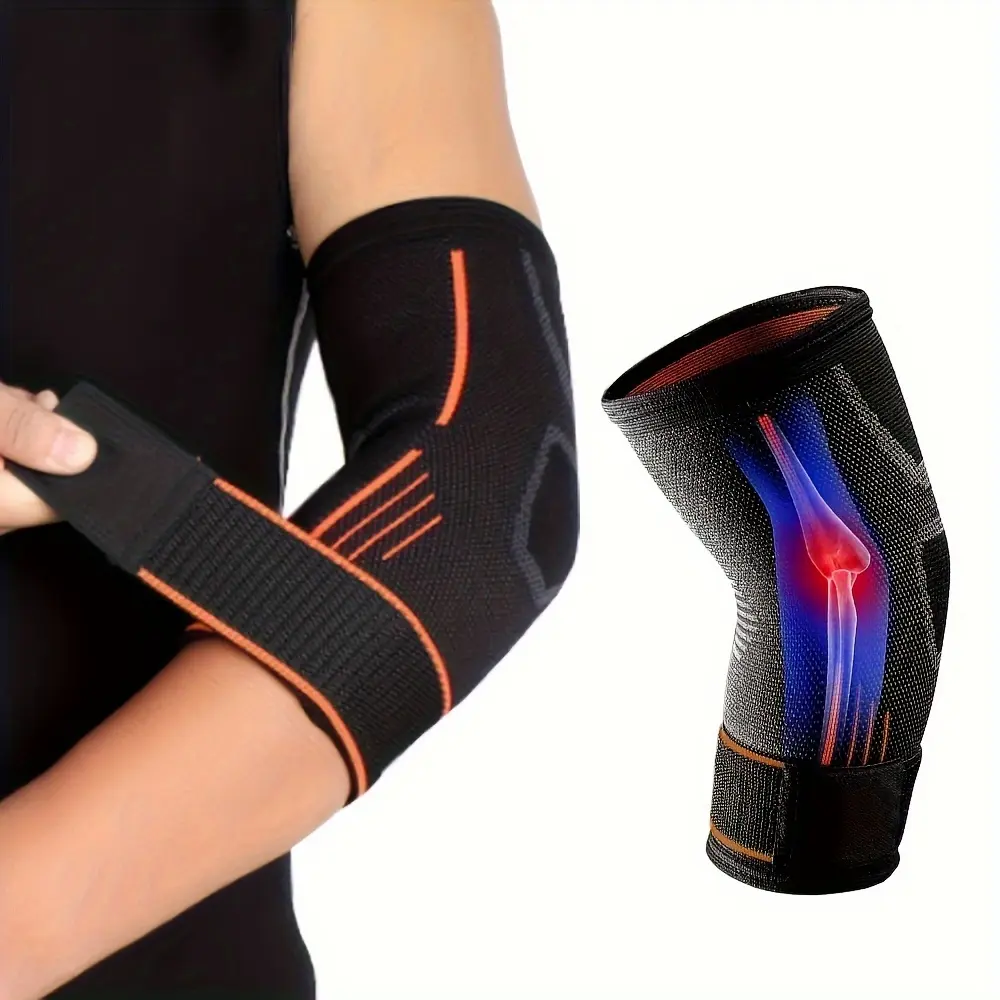 1pc Adjustable Fitness Elbow Support Sleeve -   for Tennis & Elbow Pain Relief, Breathable Nylon with Hook & Loop Closure, Black & Orange Design, Perfect for Sports & Fitness, Elbow   Support Compression Knee Brace