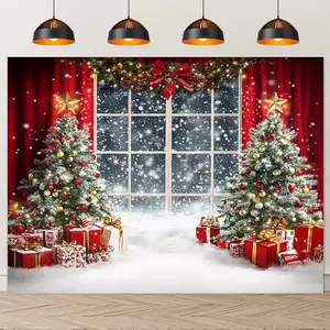 Self-Lit Christmas Window Scene Backdrop - Polyester Fabric, Snowy Landscape, Twinkling Lights, Red-Golden Ornaments, Festive Home & Party Decor, No Batteries Required, for Indoor-Outdoor Christmas/Birthday Use