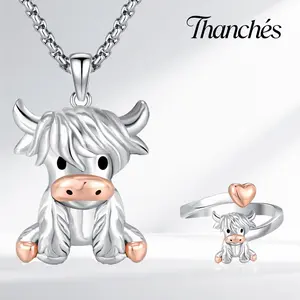 Thanches Highland Cow Jewelry Set S925 Sterling Siver Neckalce Ring Cute Scottish Animal Accessory Gothic Daily Decor Gift Set for Mom Girl