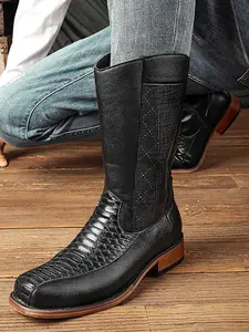 Men's PU Leather Boots, Fall & Winter New Classic European Style Long Booties, Fashionable Square Toe Rubber Cowboy Shoes for Men, Footwear Design