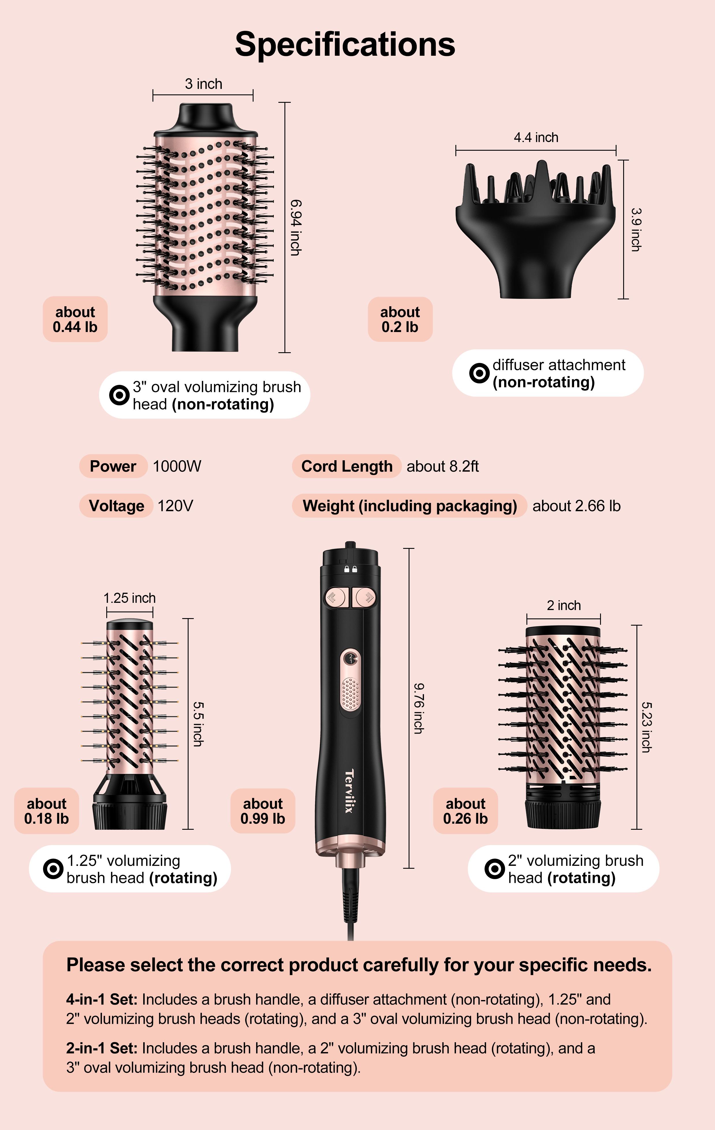 Terviiix 4-in-1 Hot Air Rotating Blow Dryer Brush Kit – 1000W with Rotatable Round Brushes (2 Sizes), Oval Volumizer, and Diffuser