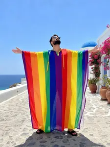 Rainbow Stripe Print Men's Long Robe, Loose Fit Casual Vacation Style, Polyester Fabric, Comfortable Breathable, V-Neck Bohemian Beach Cover-Up, Swimsuit Cover Up, Cover Up Beachwear