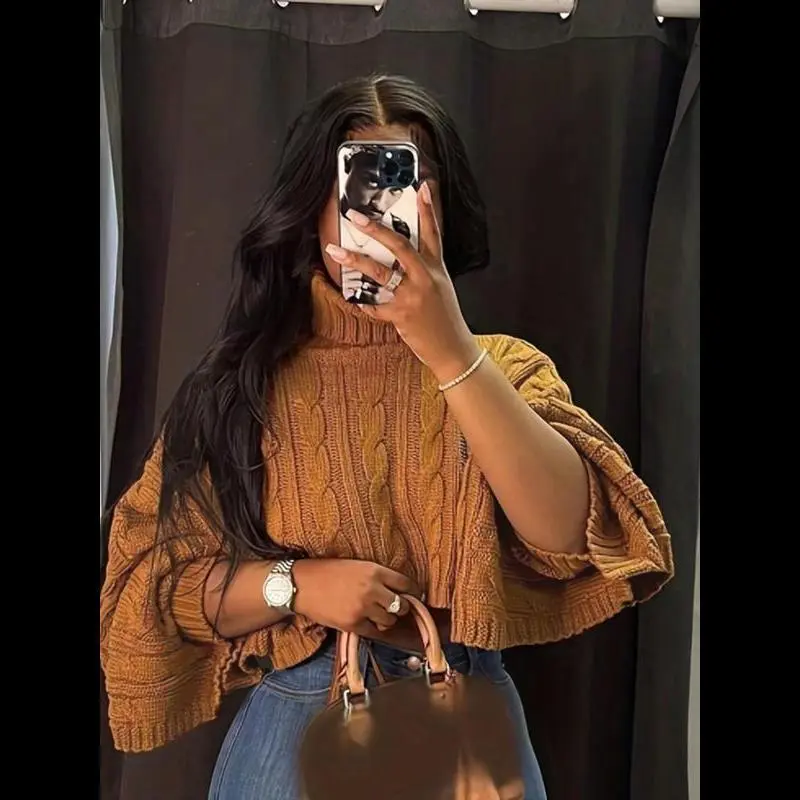 Women's Textured Split Sleeve Turtle Neck Cropped Sweater, Casual Solid Color High Neck Long Sleeve Jumper, Women's Knit Clothing for Daily Wear