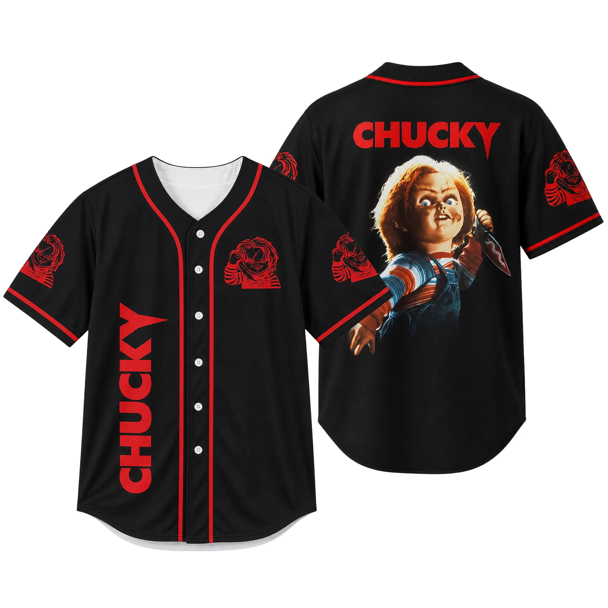 Unisex Oversized Polyester Short Sleeve Jersey Shirts - Gothic Print Chucky Black Horror Doll Red Design Fashion Sport Top, Breathable Single Jersey Gothic Streetwear for Halloween, Baseball Use