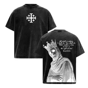 Menswear Baldwin IV The Leper King Casual Round Neck Short Sleeve T-Shirt, Tank Top, Hoodie - Washed Crusader King of Jerusalem Tee, Jerusalem Cross Medieval Christian Streetwear, Vintage Gothic Faith Jesus Apparel Outfit