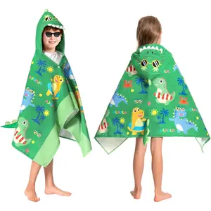 L-NG035 Dinosaur Hooded Towel for Kids 3-12 Years, 28" x 53" Soft Thick Absorbent Beach Towels, Toddler Bath Towel Wrap, Swim Pool Towels Poncho for Boys Girls