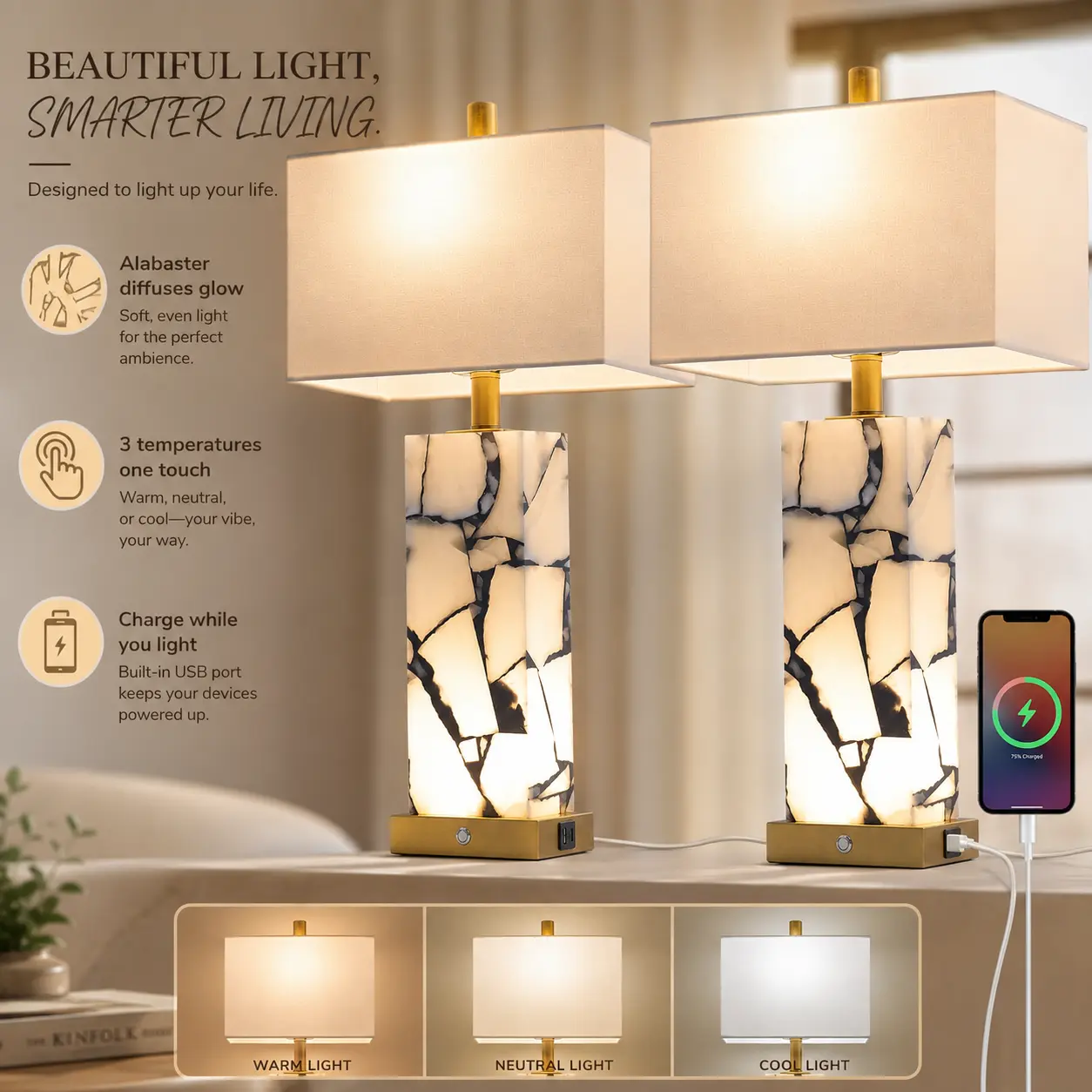 Aesthetic Table Lamp Set (2-Pack) - Natural Marble Base Table Lamps with Alabaster Shades, 3-Color Temperature, Nightlight, USB Charging Port, Touch Control, Included Bulb for Bedroom Nightstands
