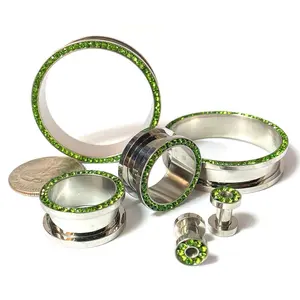 PAIR Peridot Green Gem Rimmed 316L Surgical Steel Screw Fit Tunnels Plugs Gauges