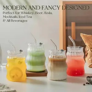 Viral Aesthetic 1/2/4 Pack 18oz Wide Mouth Wave Bubble Textured Glass Cup with Lid & Straw, Thickened Heat Resistant Lead Free Food Grade BPA Free Tumbler, Dishwasher Safe Reusable Cup for Iced Coffee Tea Drinks, Home Daily Use Housewarming Birthday Gift