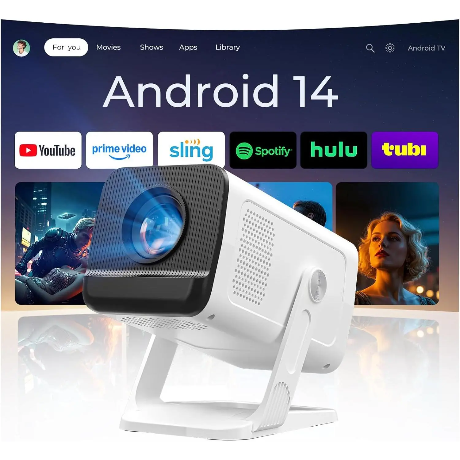 LynCast VisualCube 300 Black LCD Home Projector - Mini Portable Bedroom Projector with Screen, 400 ANSI Lumens, WiFi 6, Bluetooth 5.4 Audio, Android 14 OS, Built-in Apps, Auto Keystone, 1080P/4K Support, Remote Control, Compatible with iOS/HDMI/TV Stick