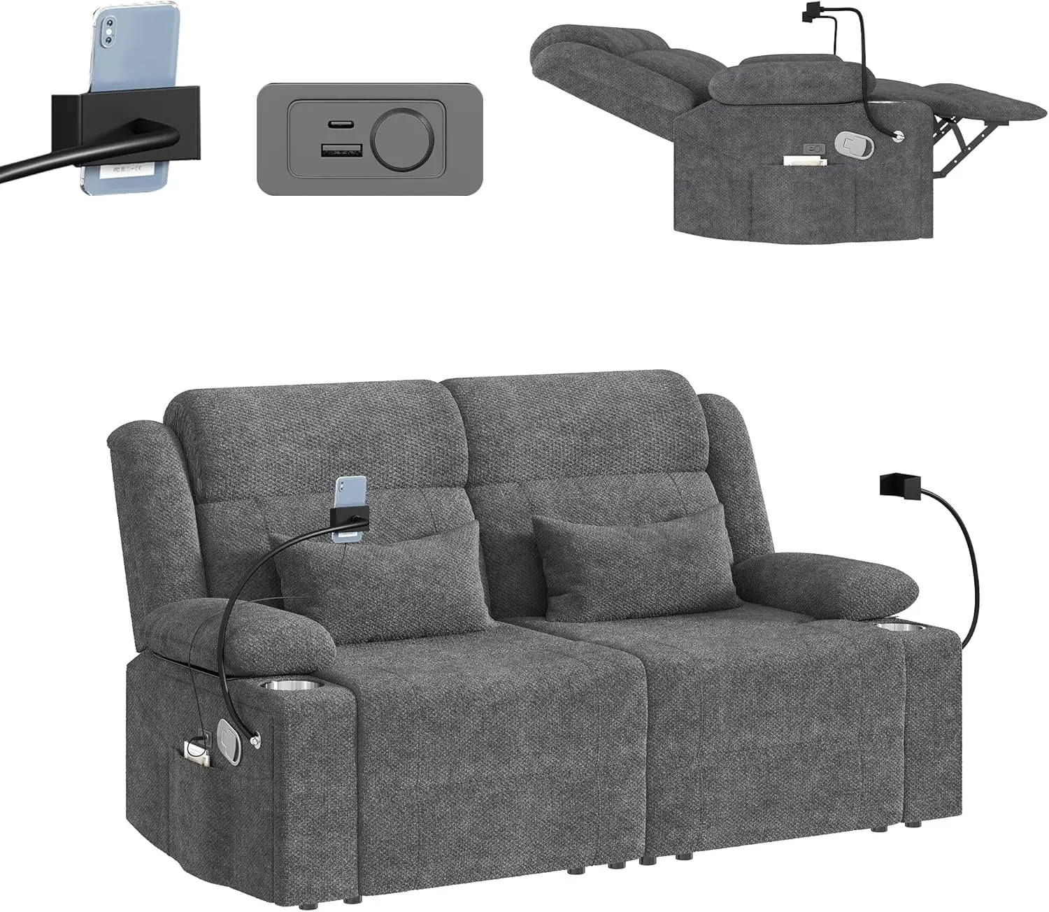 LEVELEVE Modern Upholstered Home Theater Recliner Sofa Set, Upholstered Sofa with Heat, USB & Type-C Ports, Adjustable Headrest, 150° Recline, Drawer & Cup Holders for RV Living Room, Modern Upholstered Sofa