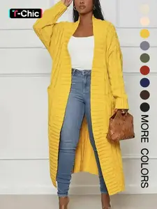 Women's Solid Color Pocket Open Front Twist Knit Cardigan, Casual Style Long Sleeve Knitwear for Fall & Winter, Women's Knit Clothing for Daily Wear, Womenswear, Knitting