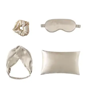 Double-sided Satin Eye Mask Pillowcase Hair Tie Four-piece Set Champagne Color Imitation Silk Simple Style Shading Sleep Aid Smooth & Comfortable