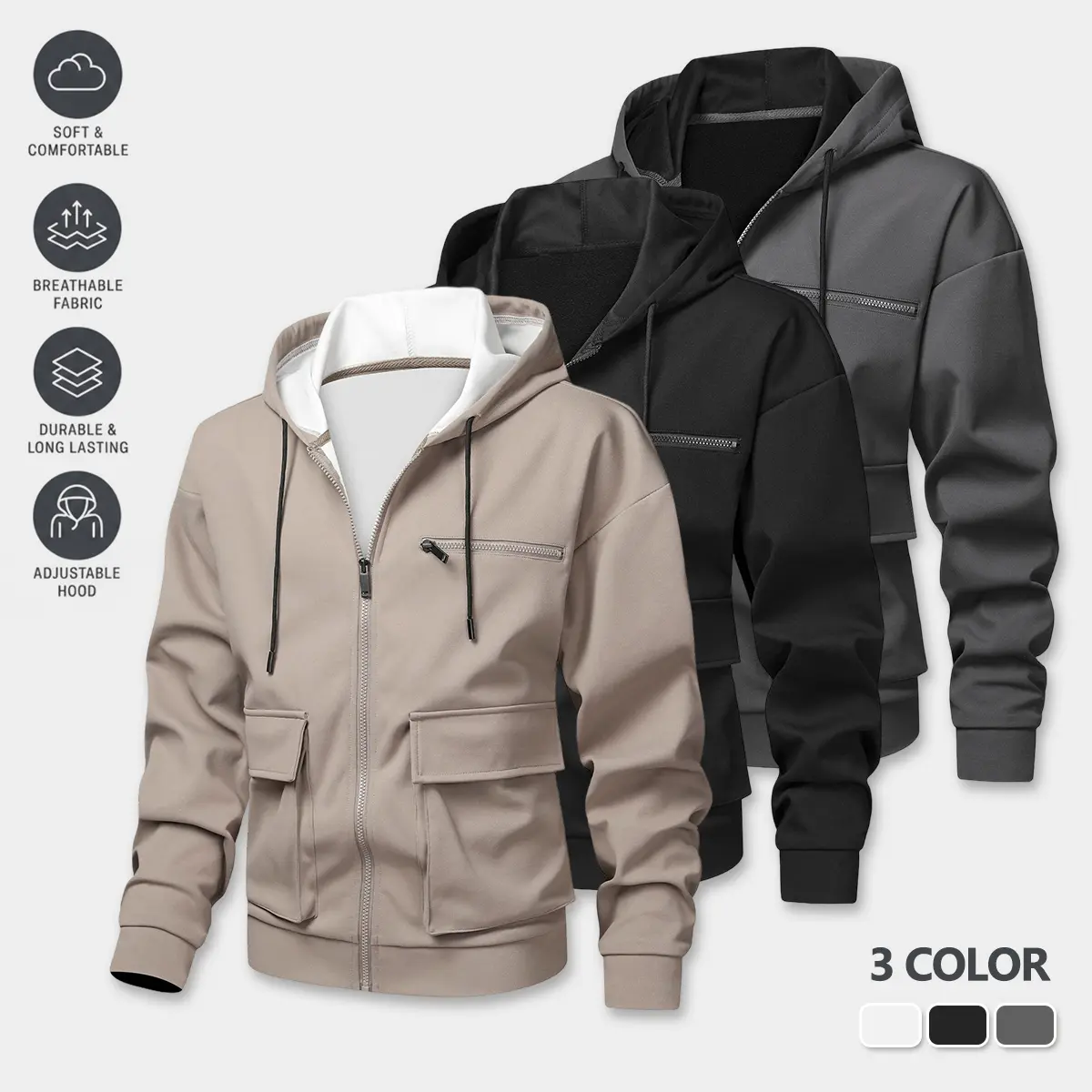 Men’s outdoor hooded sweatshirt with multiple pockets and a drawstring hood, loose cargo fit, wear-resistant long sleeves for hiking and travel, everyday casual fashion, versatile and trendy new arrival for autumn/winter.