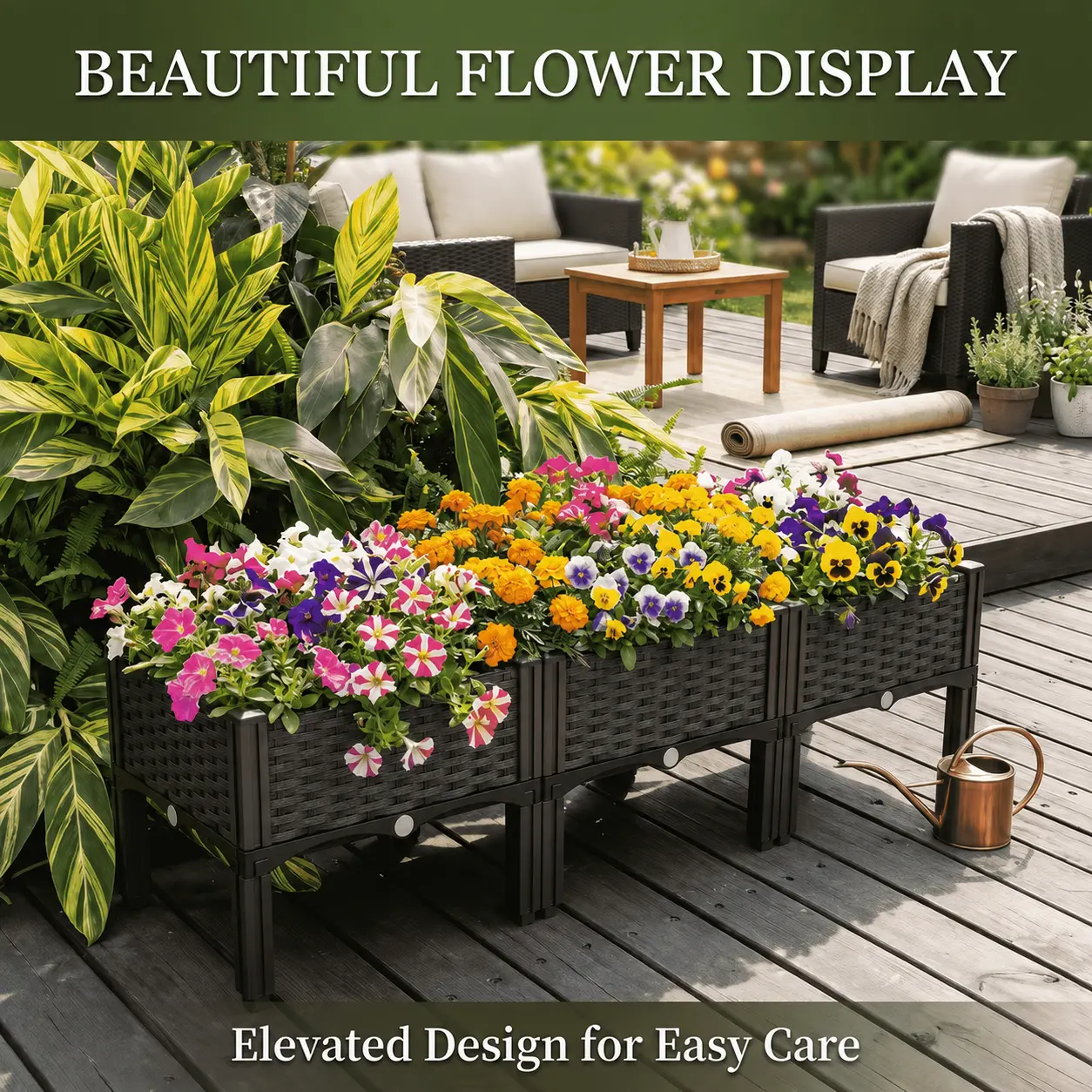 Elevated Plastic Planting Box Set with Legs (1/2/3-Piece), Outdoor Garden Raised Containers for Vegetables, Herbs, Outdoor Plants