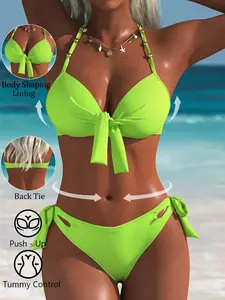 Butterfly Knot Halter Split Bikini, High Waist Tie Side Triangle Bottom Swimwear, Sexy Fitted Push-Up Bikini Set for All Seasons, Halter Bikini Swimsuit