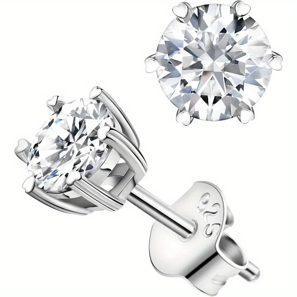 Elegant S925 Silver Classic Lab-Created Moissanite Solitaire 6-Prong Stud Earrings for Female Adults - Wedding, Casual Fine Jewelry earring stacks accessories earrings for women